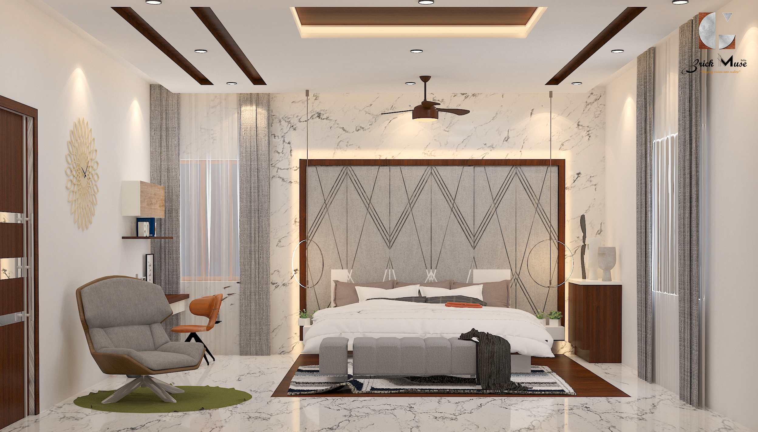 Bedroom interior with feature headboard
